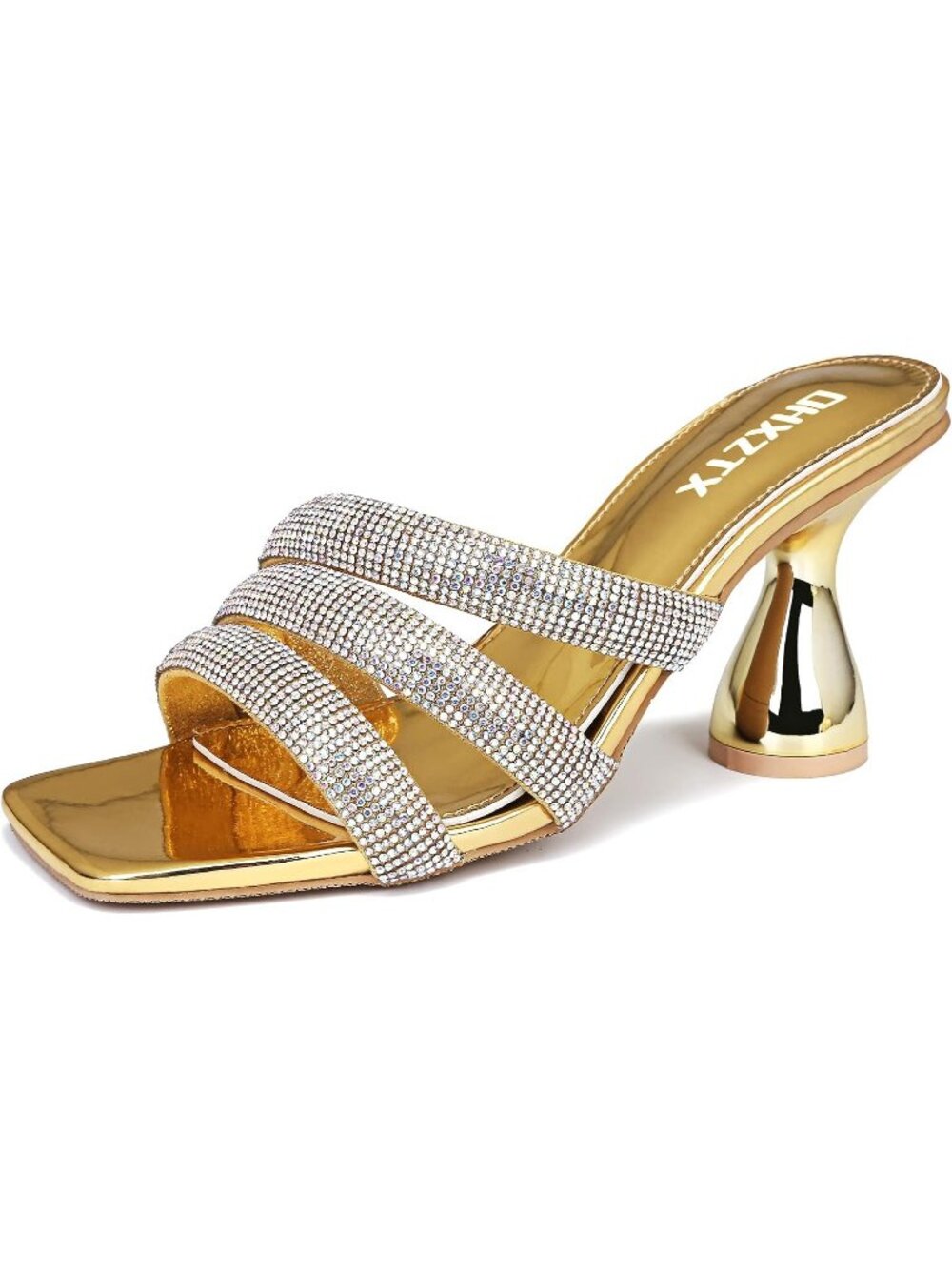 Women's Gold Rhinestone Square Toe Backless 3.15 IN Chunky High Heel Sandals